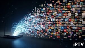 Een conceptuele afbeelding die de technologie van IPTV illustreert, waarbij datastromen van een internetrouter veranderen in een brede selectie van wereldwijde tv-zenders en films, wat de overvloed aan keuzes symboliseert.