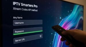 Een close-up van een Smart TV-scherm dat de inlogpagina van de Xtream Codes API in de IPTV Smarters-app laat zien, klaar voor gebruikersnaam en wachtwoord.